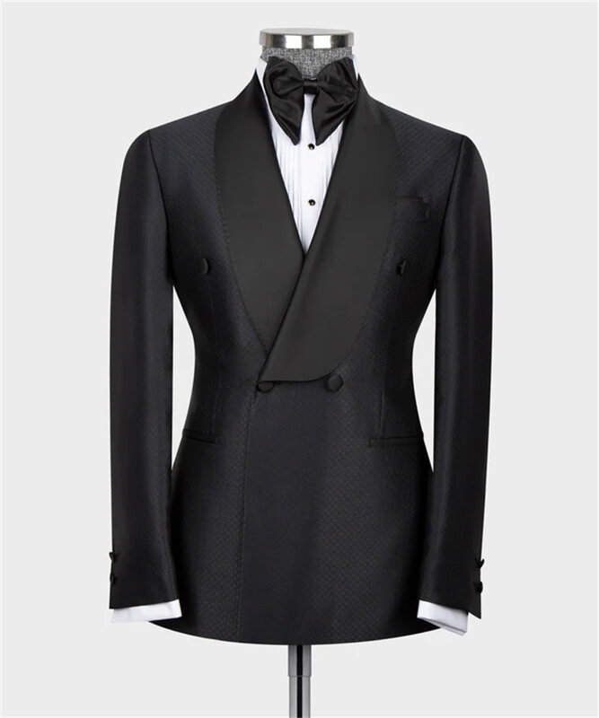 Smoking da sposo con risvolto in raso nero doppiopetto personalizzato abbigliamento formale da lavoro 2 pezzi pantaloni Blazer completi da uomo