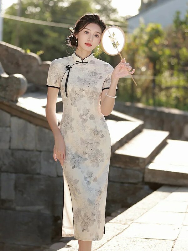 Cheongsam Bodycon com estampa floral feminina, Qipao chinês, vestido tradicional feminino, bainha de corte, tamanho grande, 3XL