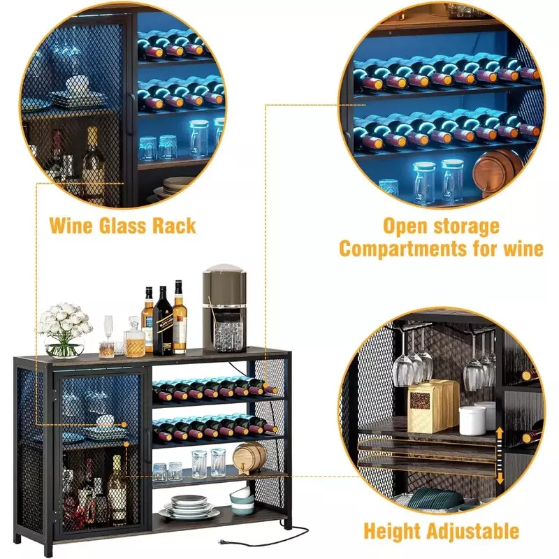 ตู้ไวน์บาร์ตู้ไวน์พร้อมไฟ LED สำหรับห้องรับประทานอาหารห้องนั่งเล่นตู้โชว์สีเทาห้องครัว