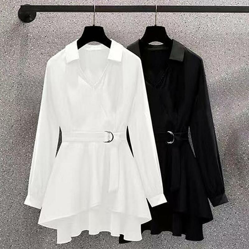 M-4XL Women's Shirt Lapel V Neck Long Sleeves Irregular Hem Plus Size Waist Tight Adjustable Belt Pullover Shirt Female Clothing