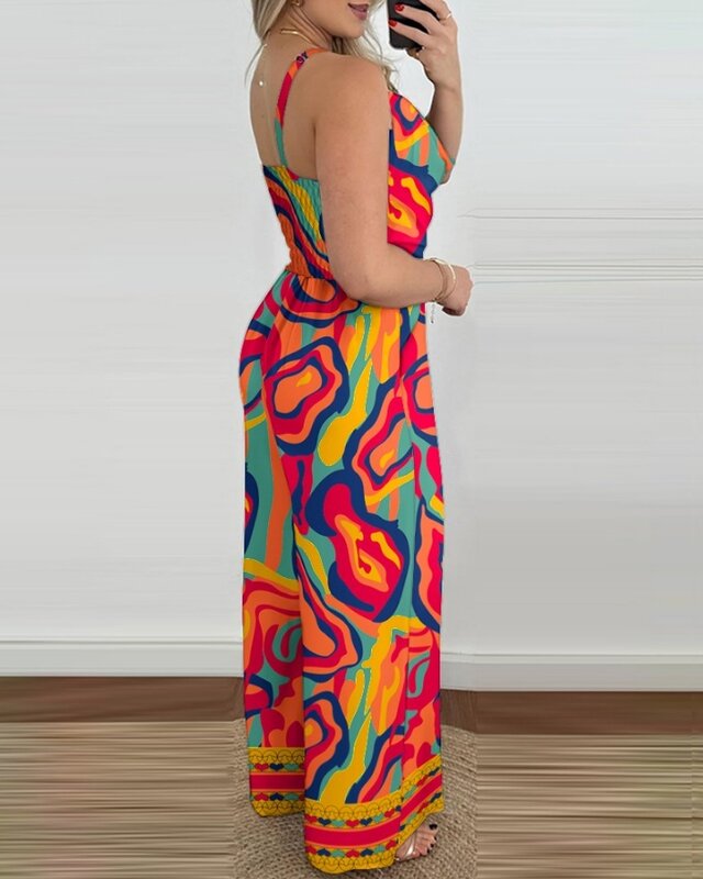 Elegant Women's 2024 Summer Baroque Leopard Print V-Neck Backband Sleeveless High Waist Wide Leg Casual Fashion Long Jumpsuit