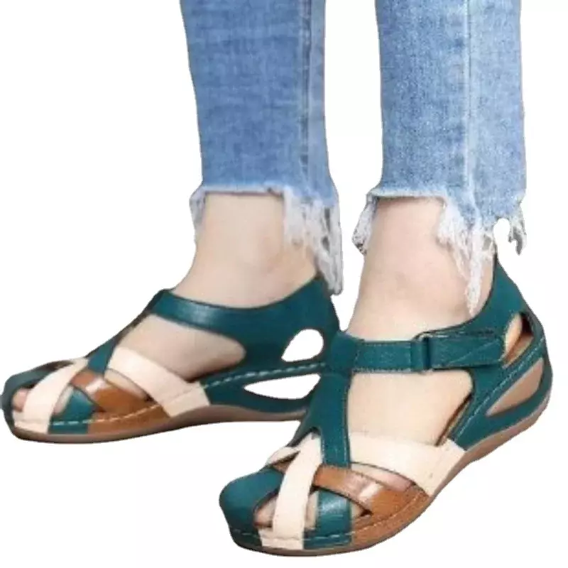 Sandalias romanas de tacón bajo para mujer, zapatos informales con punta redonda, plataforma plana de cuero, Calzado cómodo de verano