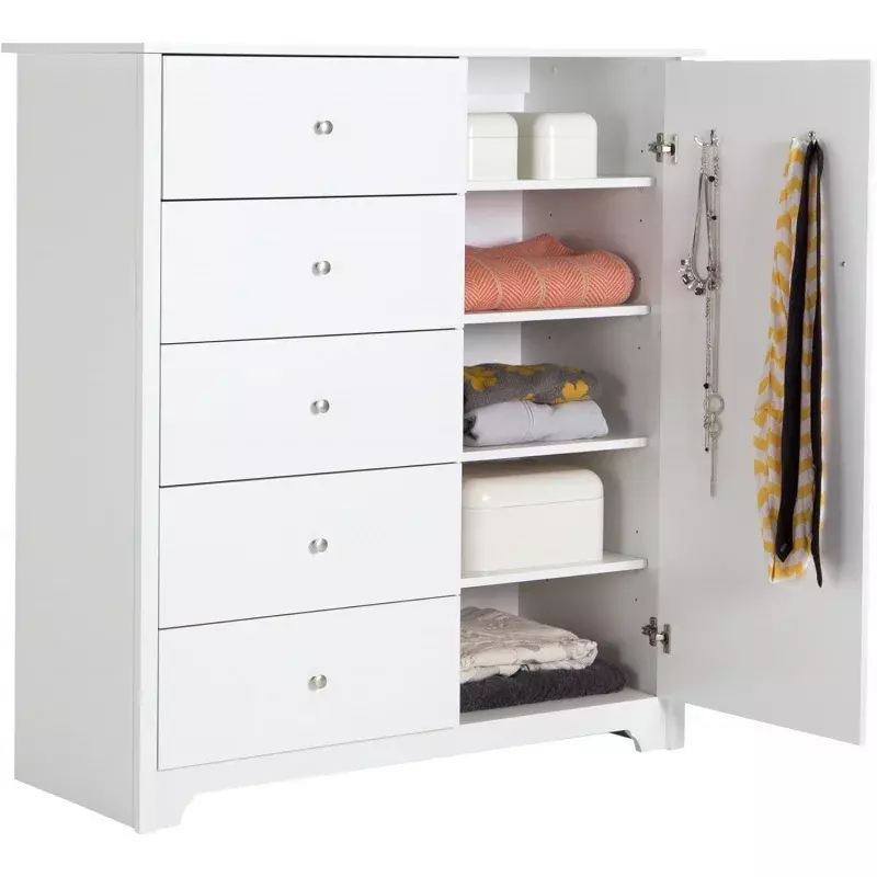 South Shore Vito Door Chest with 5 Drawers and Adjustable Shelves, Pure White