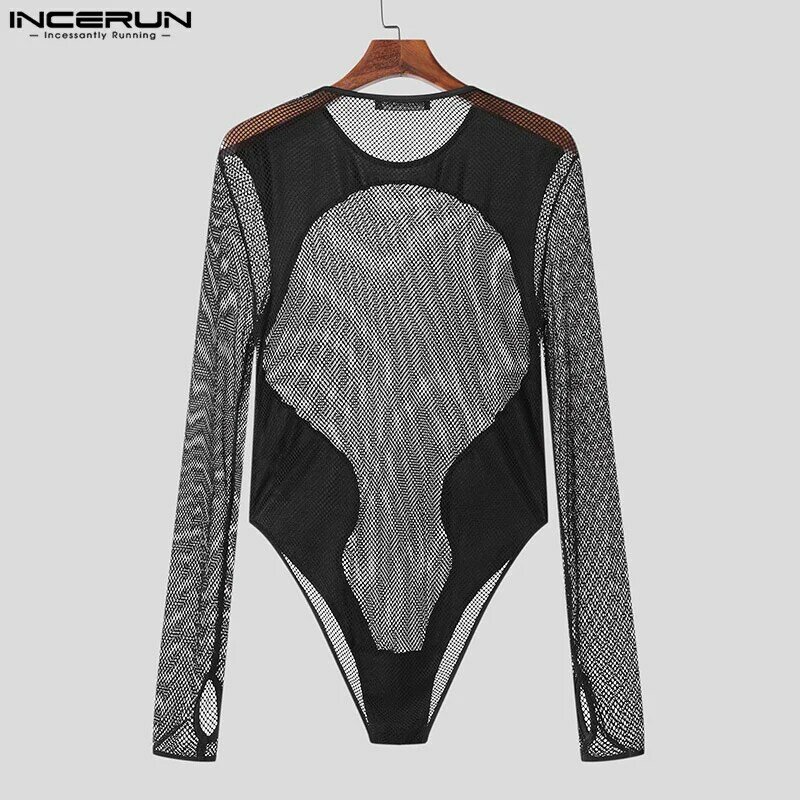 INCERUN 2024 Sexy Men's Loungewear Casual Male See-through Mesh Patchwork Rompers Stylish Long Sleeved Triangle Bodysuits S-3XL