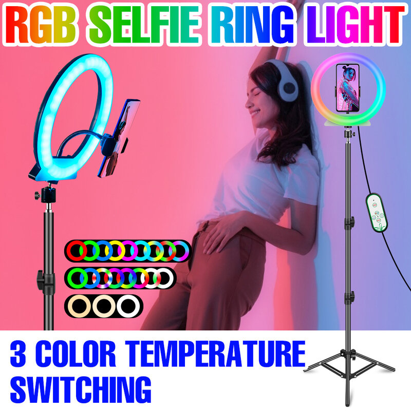 RGB 셀카 링라이트 LED 원형 필 램프, 사진 비디오 메이크업 라이브 조명 USB 밝기 조절 링 라이트 전화 클립 삼각대 포함