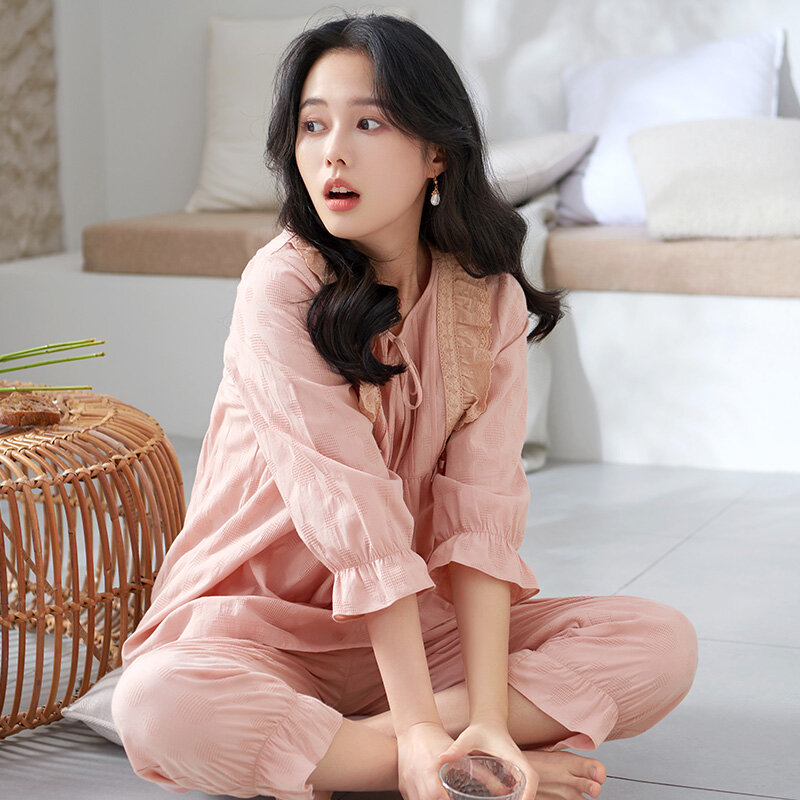Conjunto pijama de algodão manga curta feminino, fato de treino tecido, adorável pijama princesa, moda renda