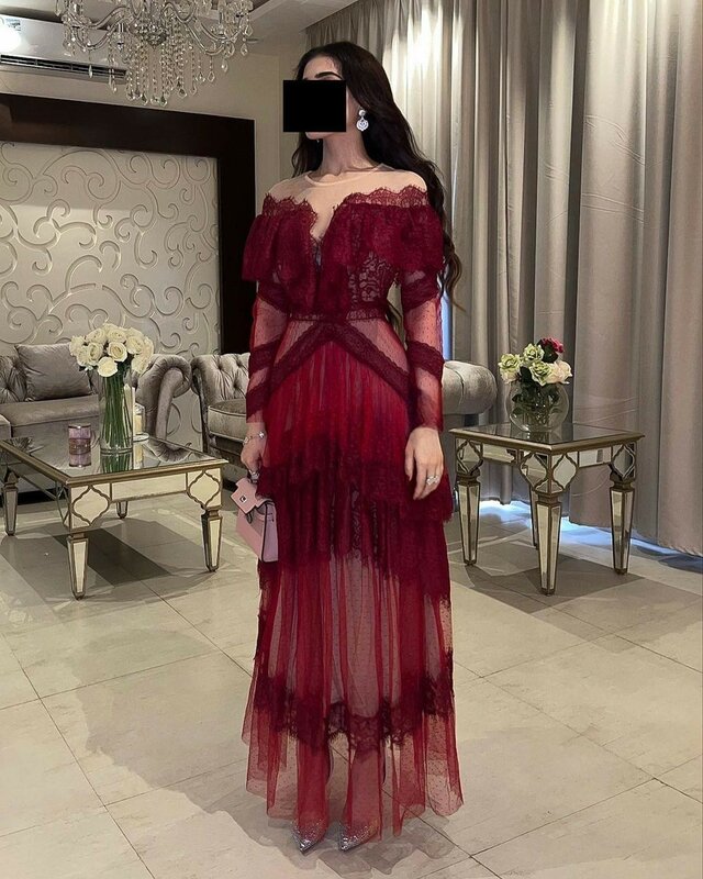 Gaun Prom Koendye Daudin gaun pesta merah marun berjenjang renda lengan panjang gaun malam perjamuan khusus wanita