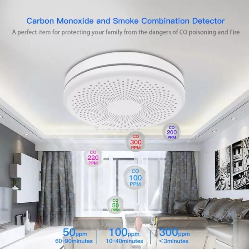 Tuya WIFI Carbon Monoxide Smoke Sensor Fire Alarm Sensor 85dB Sound Tuya App Real Time Notification for Security Protection