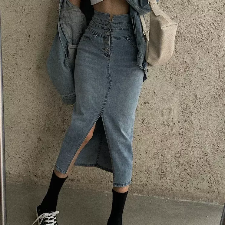 Rok Jeans ramping wanita, Rok jins elastis biru terpisah, rok Demin musim panas, Vintage, pinggang tinggi, model Korea, Y2k, 2021
