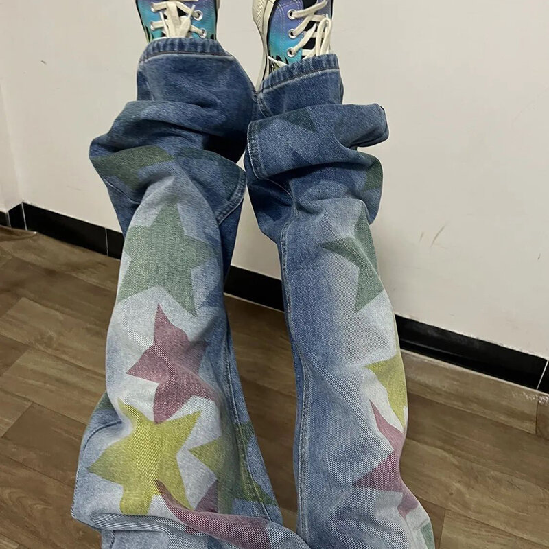 Jeans larghi da uomo pantaloni dritti in Denim con stampa a stella Ins Street Hip Hop pantaloni a gamba larga Casual Harajuku Streetwear Skateboard