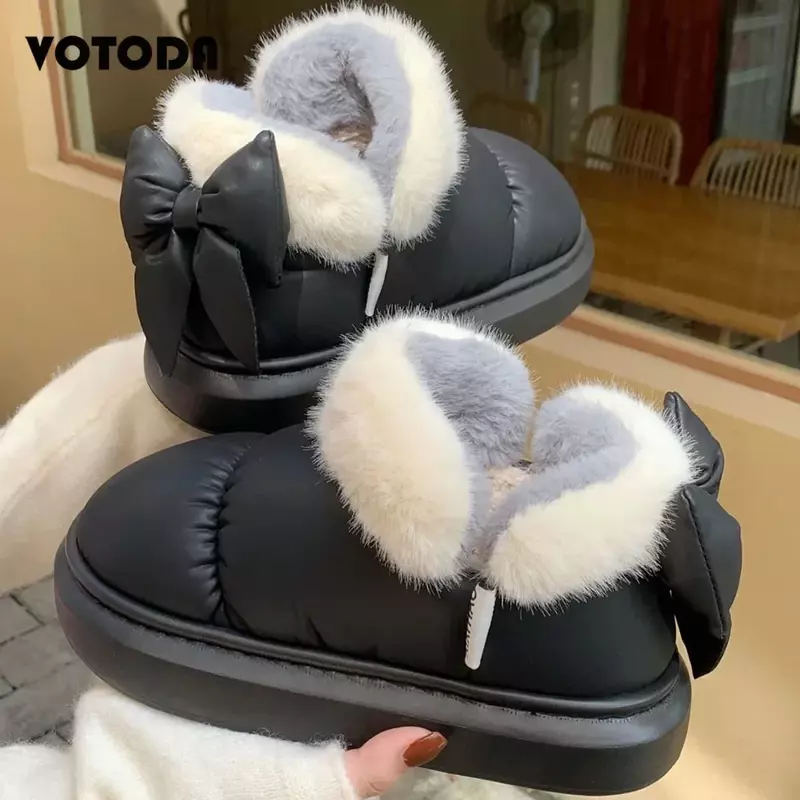 Winter Women Cute Warm Ankle Boots Outdoor Non-slip Thick Sole Snow Boots Furry Bow Cotton Shoes Men Pu Waterproof Plush Boots