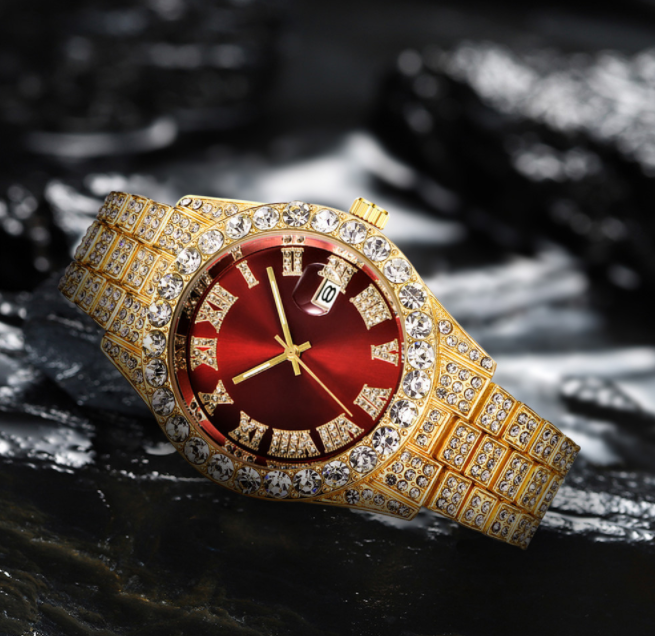 Männer Diamanten Kalender Uhren Edelstahl Band analoge Quarz Armbanduhr