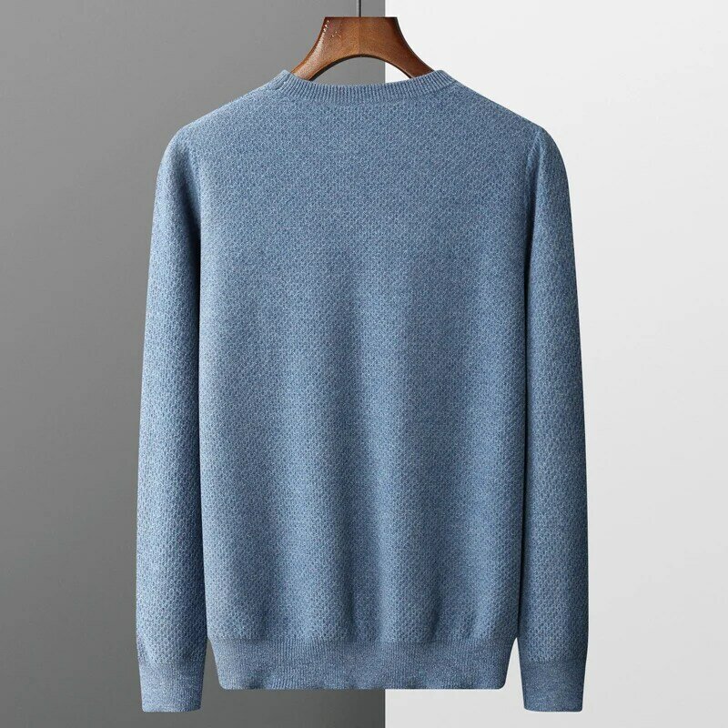 Jersey de lana merina para hombre, jersey de cuello redondo de nido de abeja, camisa de fondo de punto informal, otoño e invierno, 100%