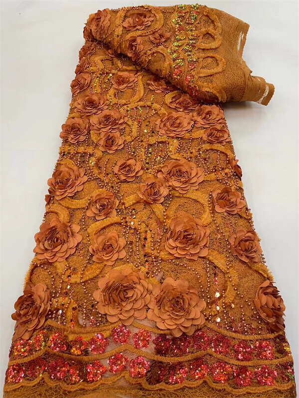Kain renda manik-manik Afrika 2024 renda kualitas tinggi 5 yard kain renda payet bunga 3D Nigeria Prancis untuk gaun pesta pernikahan
