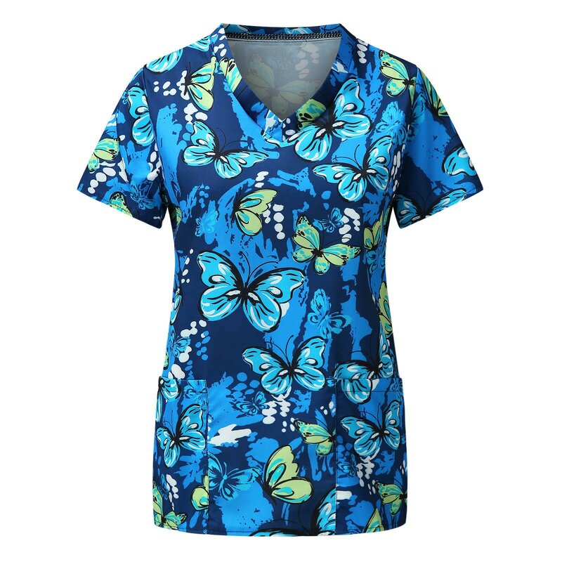 Liebe T-Shirts medizinische Pflege Uniform Stretch-Print V-Ausschnitt Kurzarm T-Shirt Tops mit Tasche 2024 neue Damen bekleidung