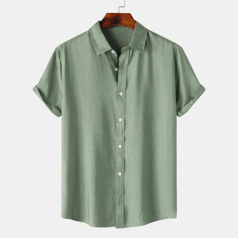 Camisa elegante com gola lapela masculina, design sem costura, tecido elástico, confortável roupa casual para negócios, blusa verão
