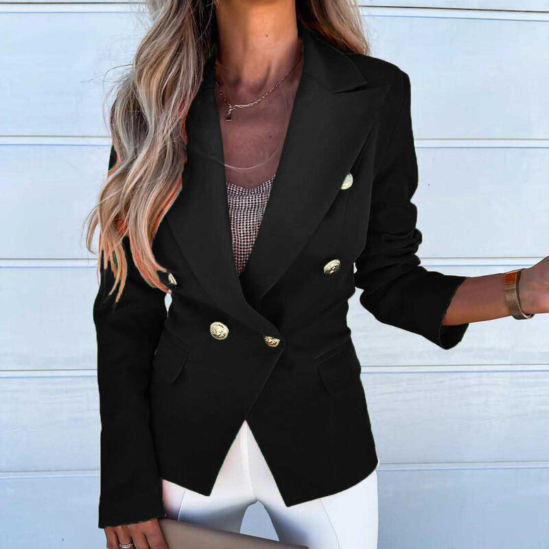 Chaquetas de traje de Color liso para mujer, abrigo de manga larga con botones de solapa, talla grande, ajustado, Formal, para trabajo y oficina