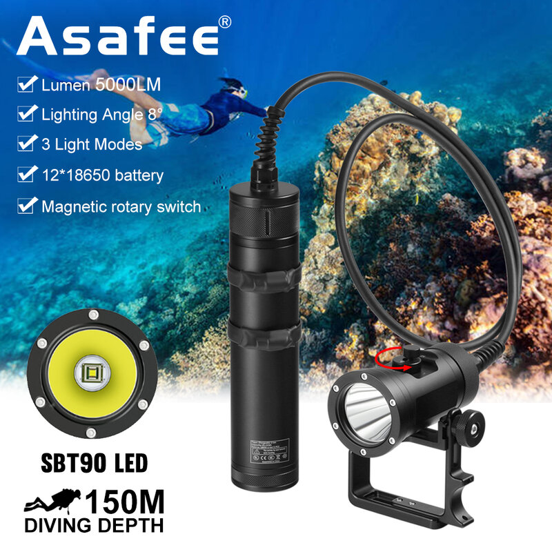 Asafee-led lanterna de mergulho, à prova d'água, com bateria embutida, 150m, 5000lm, sbt90, ipx8, tocha de mergulho, debaixo d'água