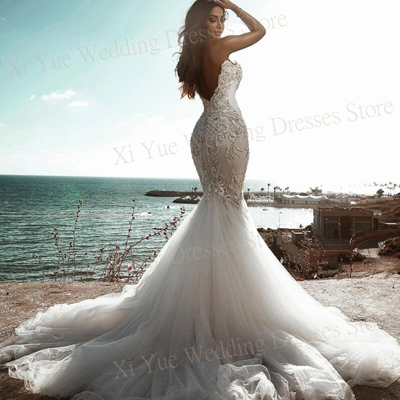 Sexy Luxus weiße Brautkleider Spitze Applikationen rücken frei schlank Sweep Zug Braut Kleider neue Meerjungfrau 2024 für Frauen zuges chnitten