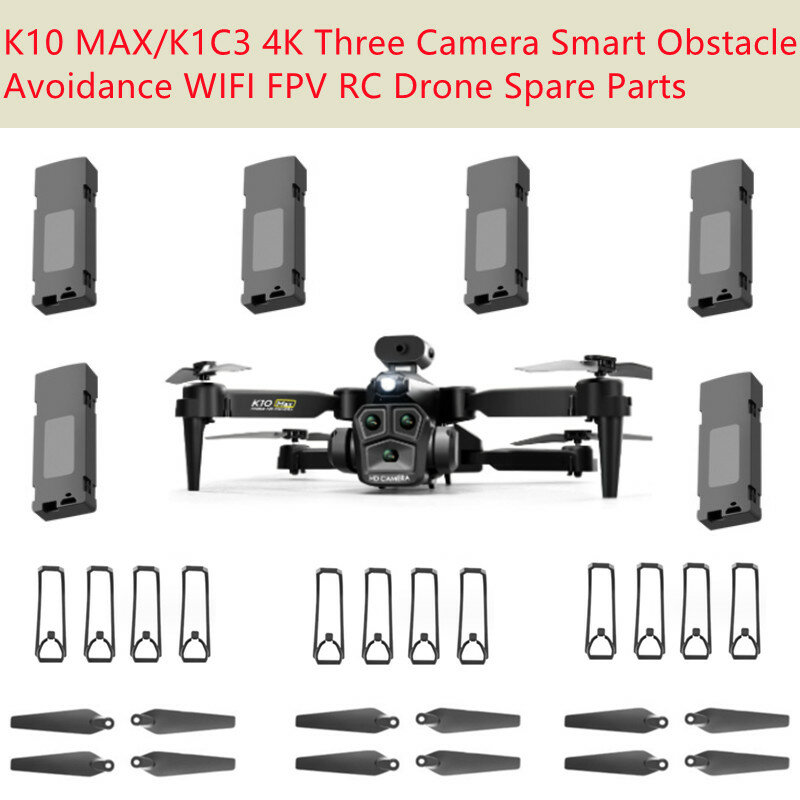 Inteligente Evitar Obstáculos RC Drone, 3 Câmera, Peças de Reposição, Bateria, Hélice, Proteger Quadro, Wi-Fi, FPV, K10 MAX, K1C3, 4K, 1800mAh