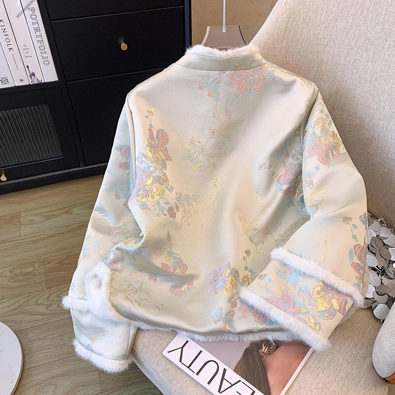 Guofeng-abrigo de algodón para mujer, chaqueta Tang de flores Vintage, ropa estampada corta de lujo con cuello, novedad de invierno, Y2K, 2024