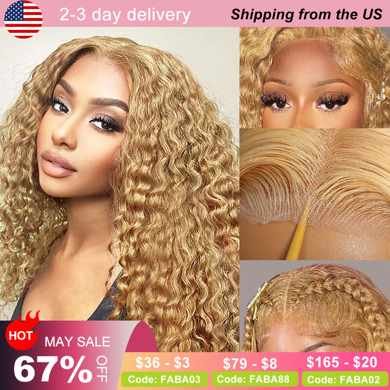 32 Inch Glueless Honey Blonde Curly Human Hair Wig 13x4 HD Lace Front Wig #27 Deep Wave Human Hair with Baby Hair 180% Density