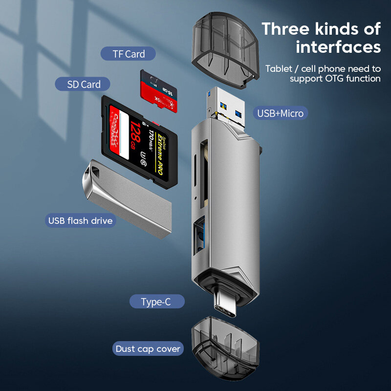 6 in 1 Card Reader USB3.0 Lector de tarjetas 6 en 1 USB 3,0 a tipo C, Micro USB Universal, adaptador OTG, adaptador multifuncional, SD, TF, transmisión de alta velocidad