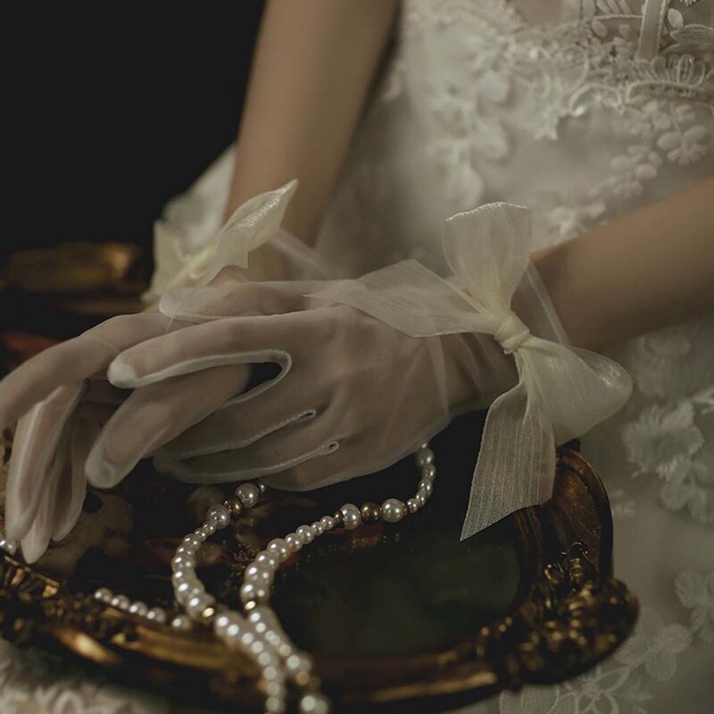 真珠付きの透明なレースのショートグローブ、結婚式用のチュールミトン、甘い女の子、花嫁、夏、真珠、弓