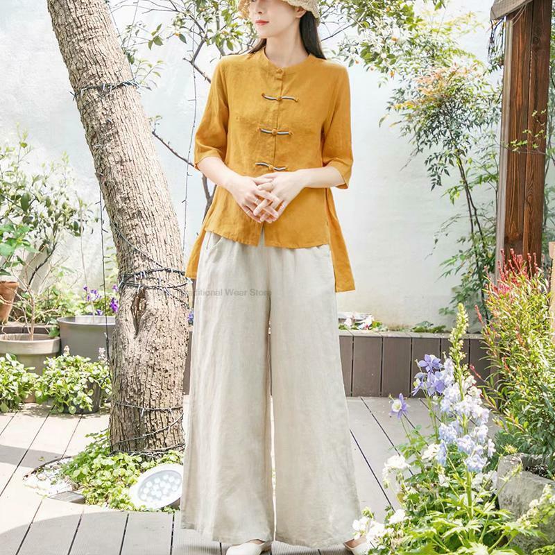 Camicia in cotone e lino con bottoni Qipao retrò in stile cinese da donna in stile nazionale cinese Vintage Cardigan Top Tangsuits
