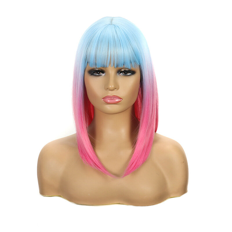 Wig gradien dengan poni untuk wanita, Wig Bob gradien biru dan merah muda, Wig pesta Cosplay