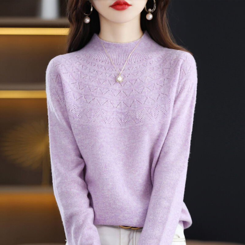 Suéter de lana 100% para mujer, Jersey holgado de Cuello medio alto, de manga corta y larga, a la moda, de punto, Camisa larga