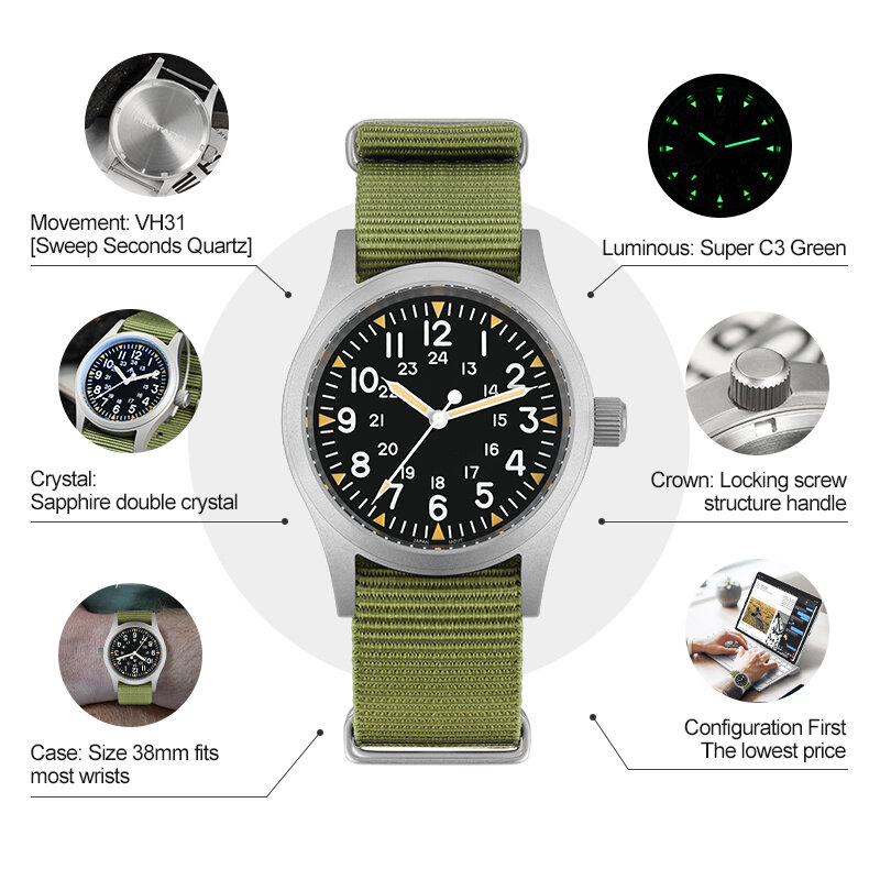 RDUNAE-reloj militar Retro RA03 de 34,5mm, pulsera de acero inoxidable 316L, cristal Mineral K1, cuarzo luminoso militar ML05, 38mm
