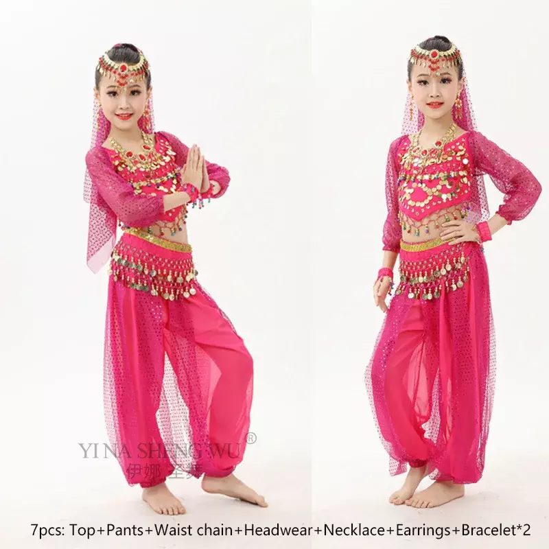 Kids Child Bellydance Costume 7pcs Oriental Dance Costumes Belly Dance Dancer Clothing Bollywood Indian Dance Costumes For Girls