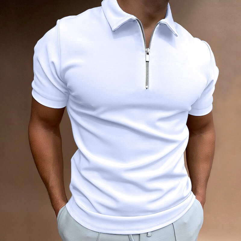 Nova camisa polo de cor sólida masculina manga curta turn-down colarinho com zíper camisa polo & para homem casual streetwear 2022 verão masculino topos
