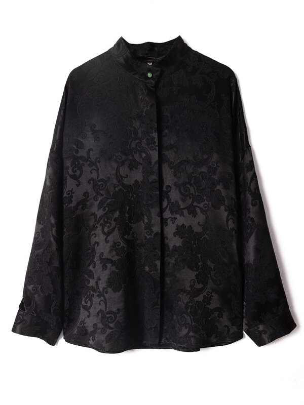 Camisa de escritório feminina estampada em relevo preto, camisa manga comprida, 48.8% seda amoreira natural, 48.2% planta, nova moda, 2024