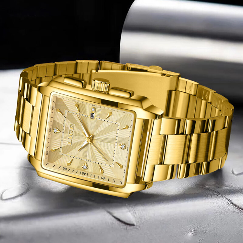 Relogio Mascul37LIGE-Montre-bracelet carrée en acier inoxydable pour homme, quartz doré, étanche, marque de luxe supérieure