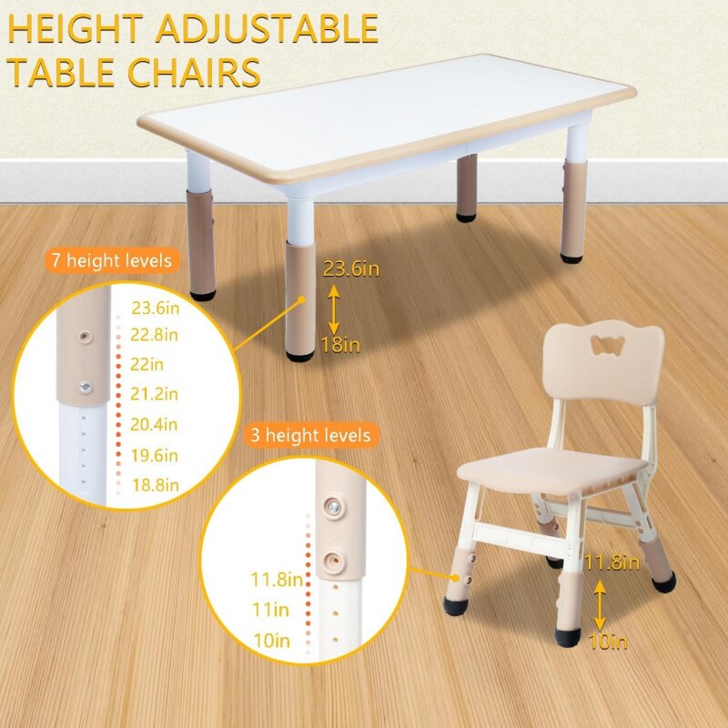 Conjunto de mesa e cadeira para meninos e meninas de 2 a 12 anos, mesa de altura regulável com 6 lugares