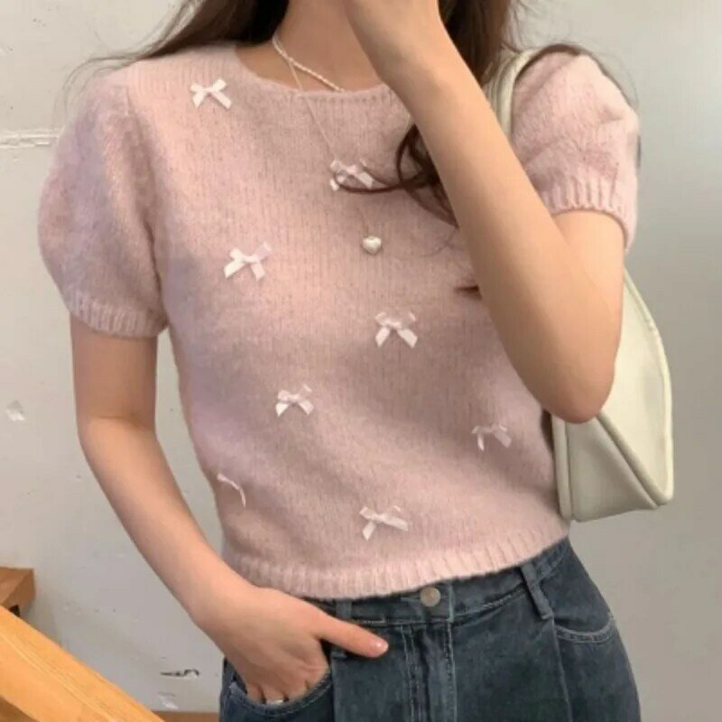 Awal musim semi baru Korea lembut busur sweter lengan pendek versi manis lembut ketan rajutan Pullover atasan pakaian wanita