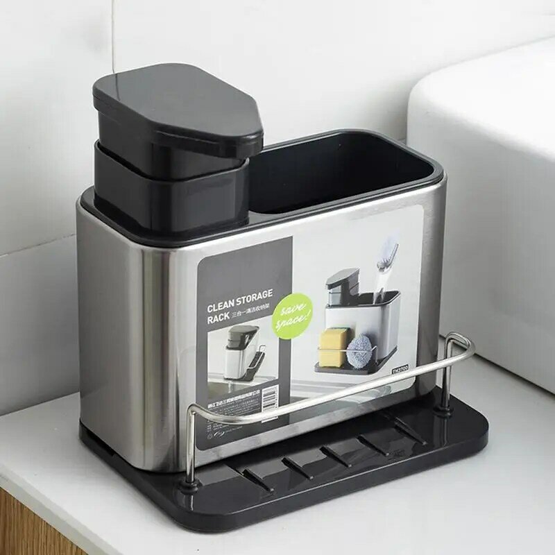 Organizzatore per lavello in acciaio inossidabile 3-in-1 Dispenser di sapone da cucina supporto per spugna vassoio per Dispenser di sapone per piatti scolapiatti antiruggine