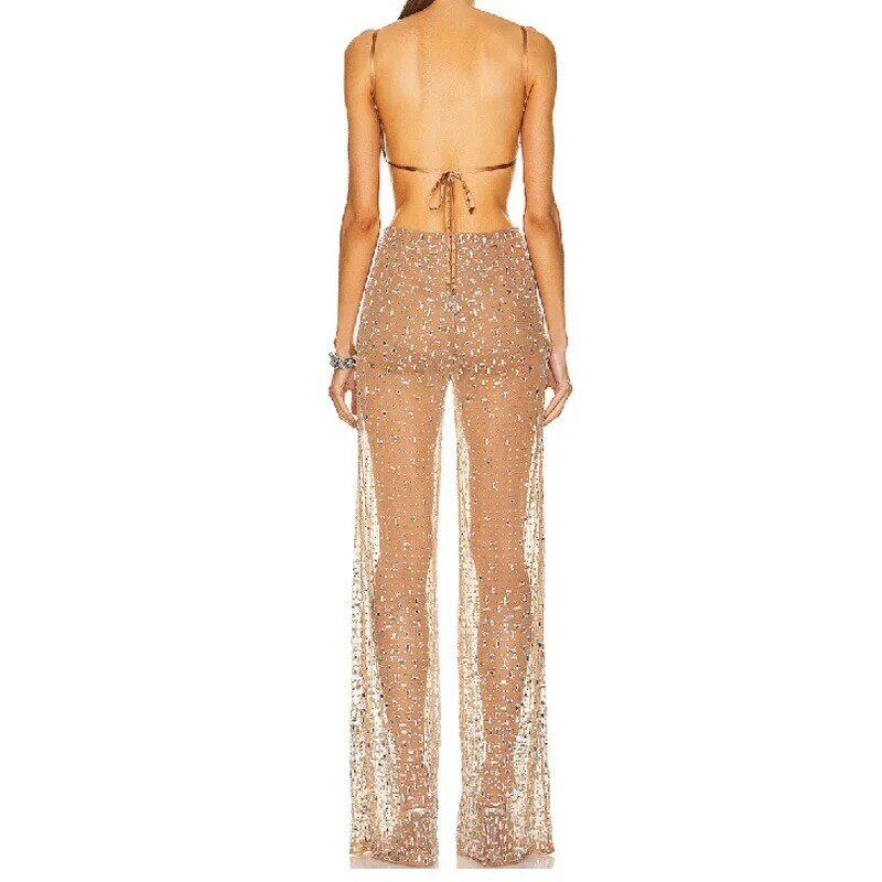 Women's  hollow out bodysuit see-through sexy mesh glitter sequins hot diamond spaghetti strap jumpsuit