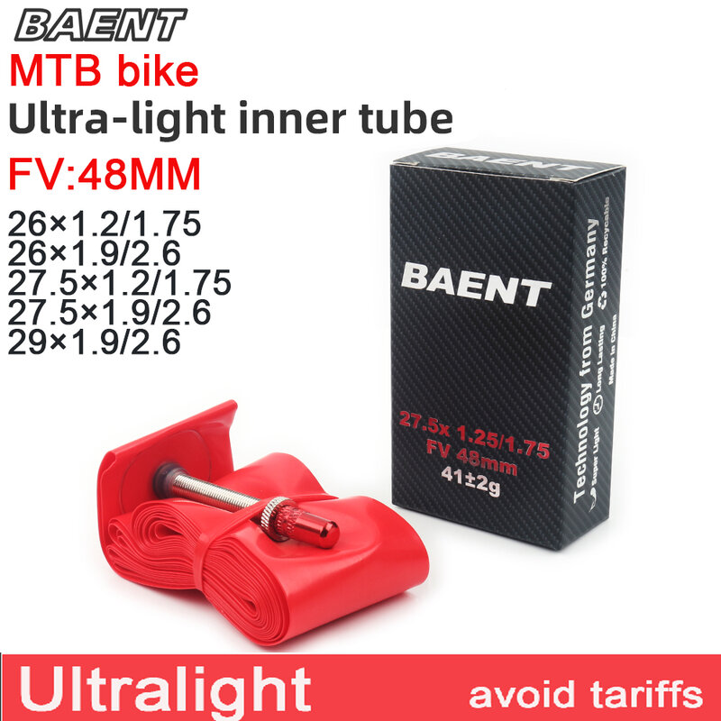 BAENT-Tubo Interno Ultraleve para Mountain Bike, Peças de Bicicletas, MTB, 26x1.2, 1.75, 27.5x1.9, 2.6, 29x1.9, 2.6 FV, 48mm