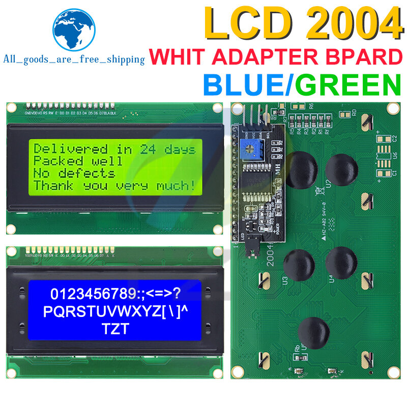LCD2004 tzt + I2C 2004 20x4 2004A สีฟ้า/สีเขียว HD44780จอ LCD ตัวละคร /w iic/ I2C โมดูลสายเชื่อมต่อซีเรียลสำหรับ Arduino