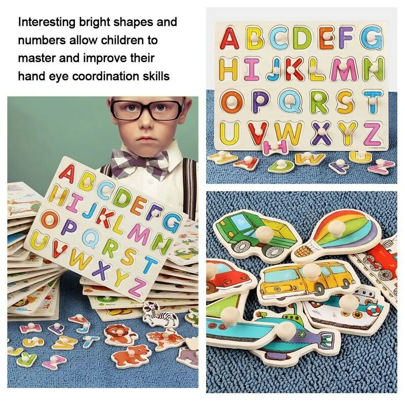 Puzzle en bois d'apprentissage de véhicules d'animaux 3D, jouets Montessori, planches à main de l'alphabet, puzzle de lettres, début du dos