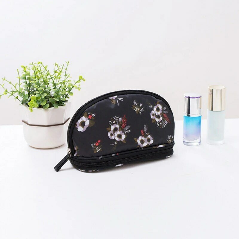 Trousse de maquillage portable double couche pour femme, sacs de voyage circulaires pour poudres cosmétiques, bleu marine