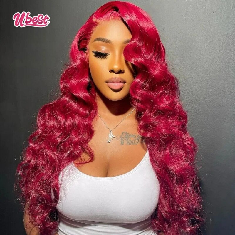 13x6 34inches Burgundy Red Color Body Wave Lace Front Human Hair Wig 180%Density Brazilian Transparen Lace Frontal Wig For Women