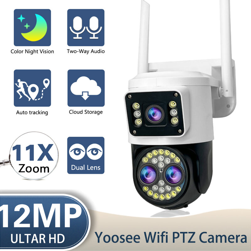 Kamera pengawas keamanan CCTV nirkabel, kamera pengawas IP PTZ Wifi 12MP, pelacakan otomatis luar ruangan 10X 11X perbesaran tiga lensa Audio 2 arah 4K