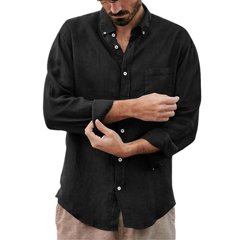 Camisa manga longa de poliéster masculina, cardigã de lapela casual, cor sólida regular, férias, diário, novo estilo