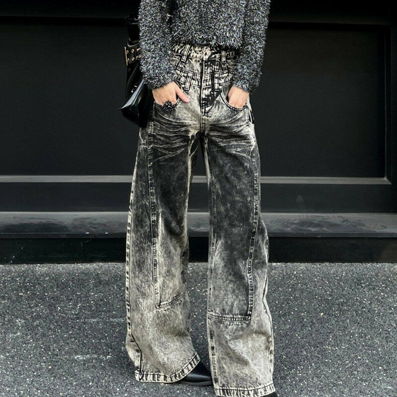 Cyber Y2K-pantalones vaqueros holgados para mujer, teñido anudado Vintage con ropa de calle, color gris, pierna ancha, estilo gótico, Rock, 2024