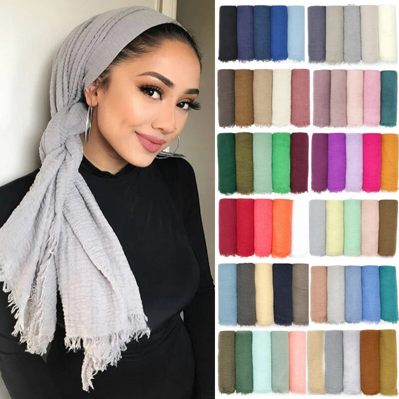 2021มุสลิมผู้หญิง Crinkle Hijab ผ้าพันคอนุ่มผ้าฝ้าย ScarvesTurban Shawls และ Wraps Hijab Femme Musulman Kopftuch