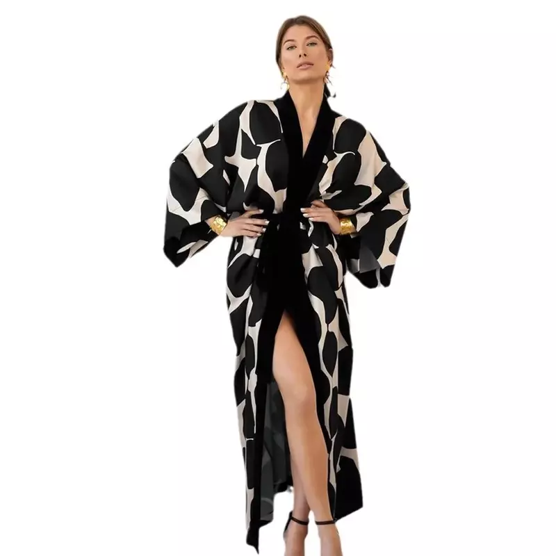 Milk Stripe Cardigan Satin Printing women's Pajamas  soft elegant sleepwear Loose Fashion Comfort night-robe sexy nightwear